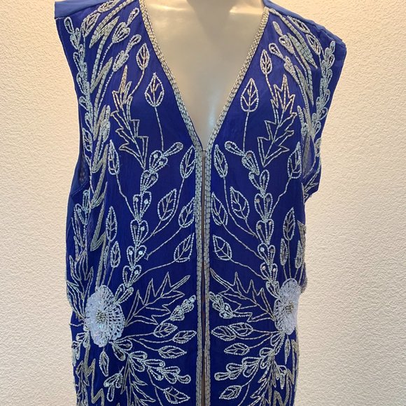 Vintage Gunit beaded silk vest size L royal blue with silver and white beads - Picture 1 of 11